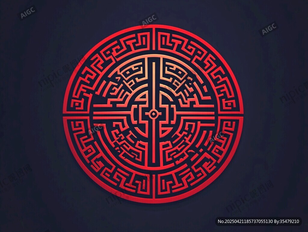 中式傳統(tǒng)紅色回紋圓形圖案