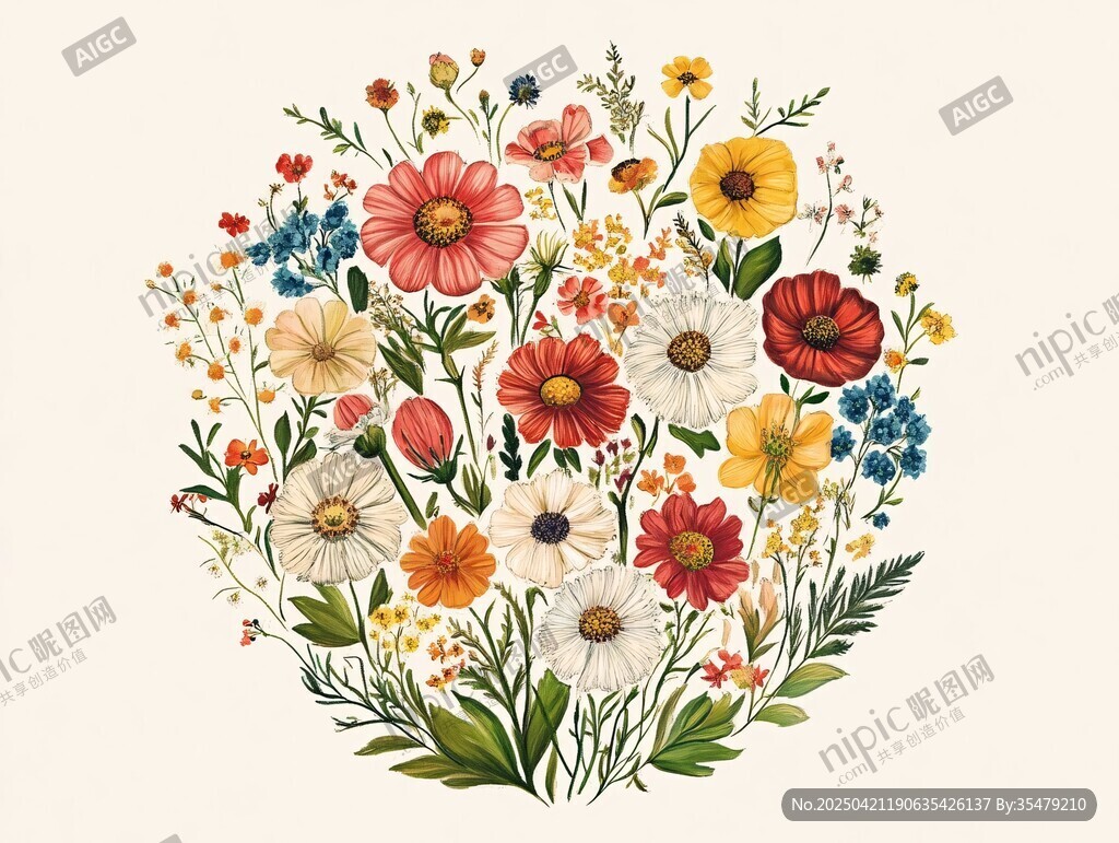 圓形花卉插畫 多彩花團錦簇