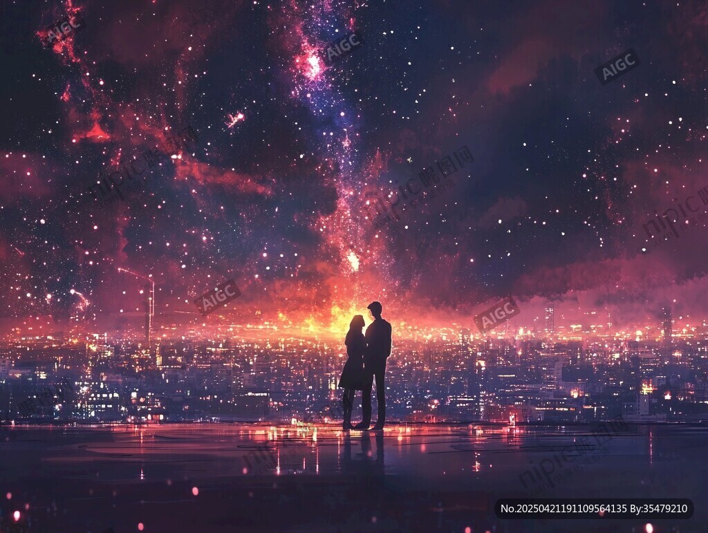 星空下的情侶共賞城市夜景