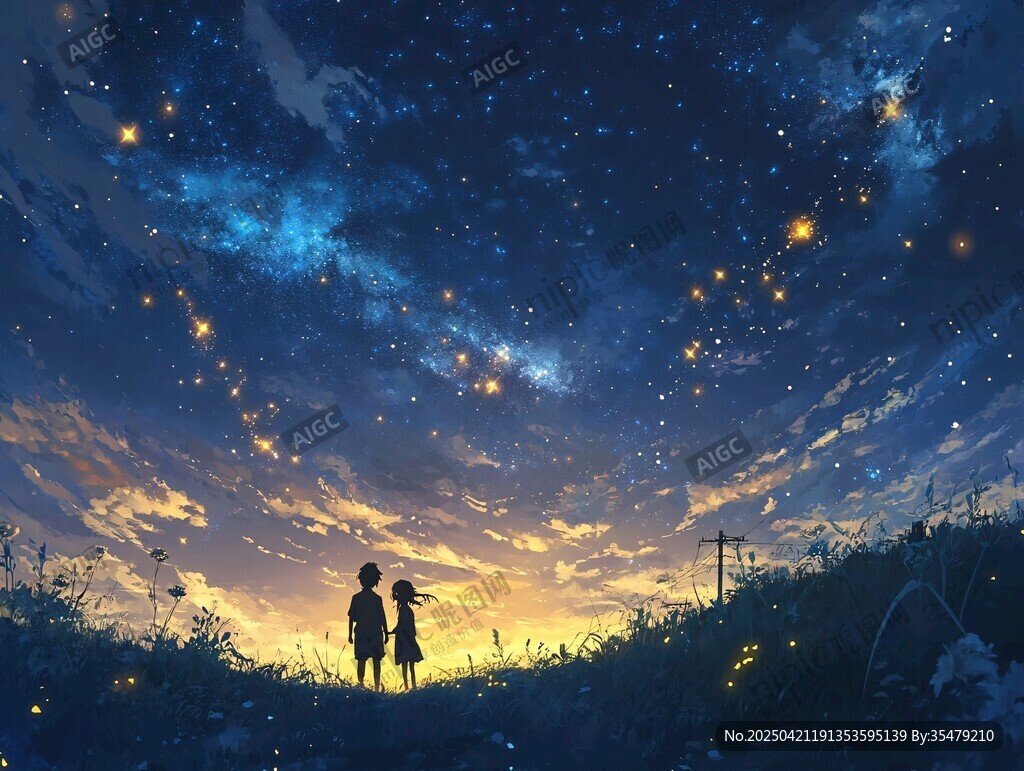 星空下的溫馨雙人剪影