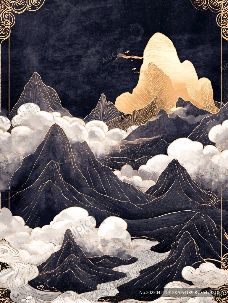 黑金中式山水云景圖
