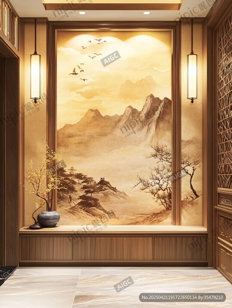 中式玄關(guān)山水壁畫裝飾美