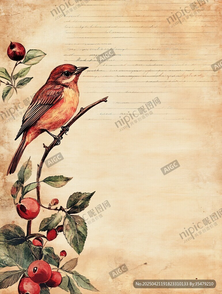 枝頭小鳥與紅果復(fù)古插畫
