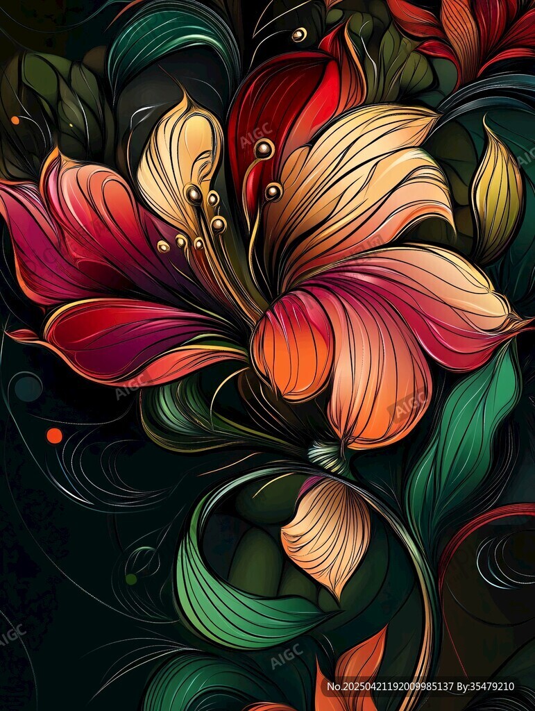 夢幻絢麗花卉插畫