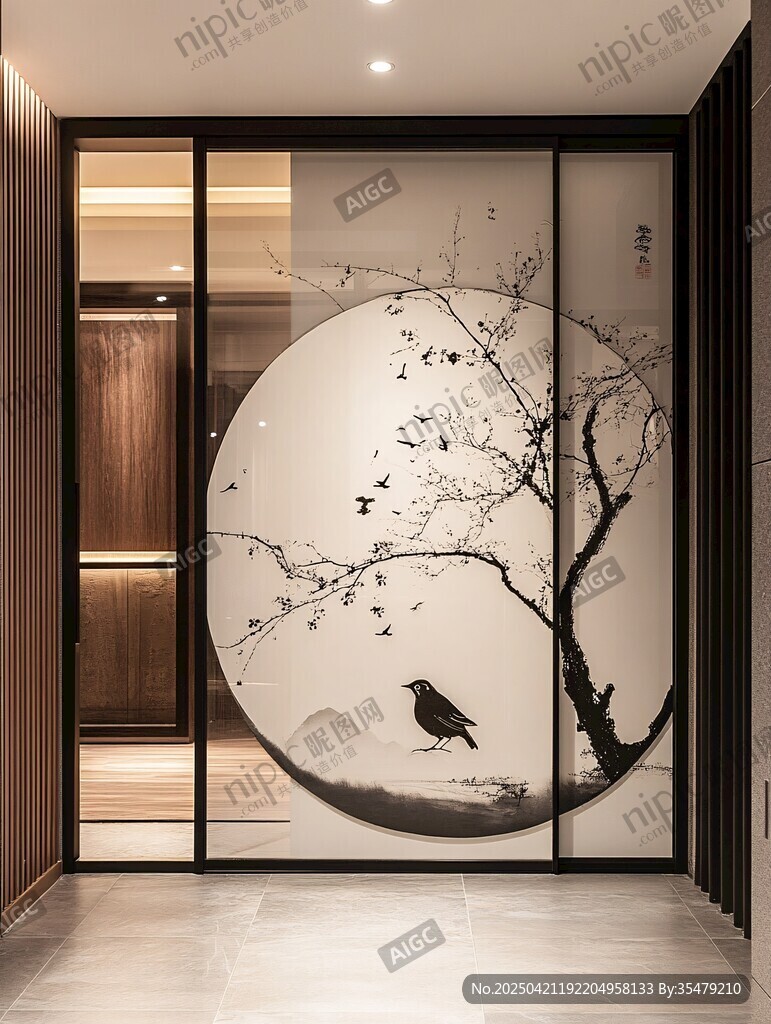 中式玄關(guān)圓形花鳥藝術(shù)屏風(fēng)