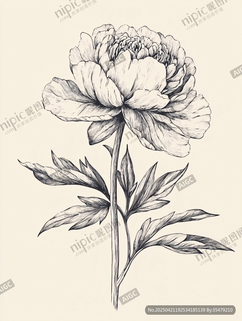 手繪牡丹花單枝黑白插畫