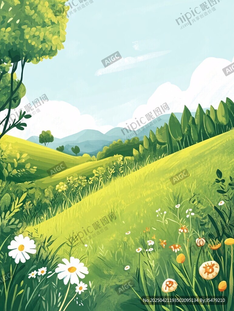 春日綠野繁花爛漫風景圖