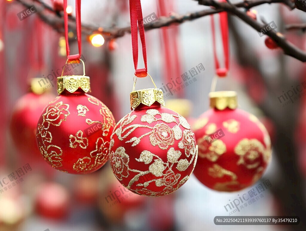 中式紅金圣誕球掛飾