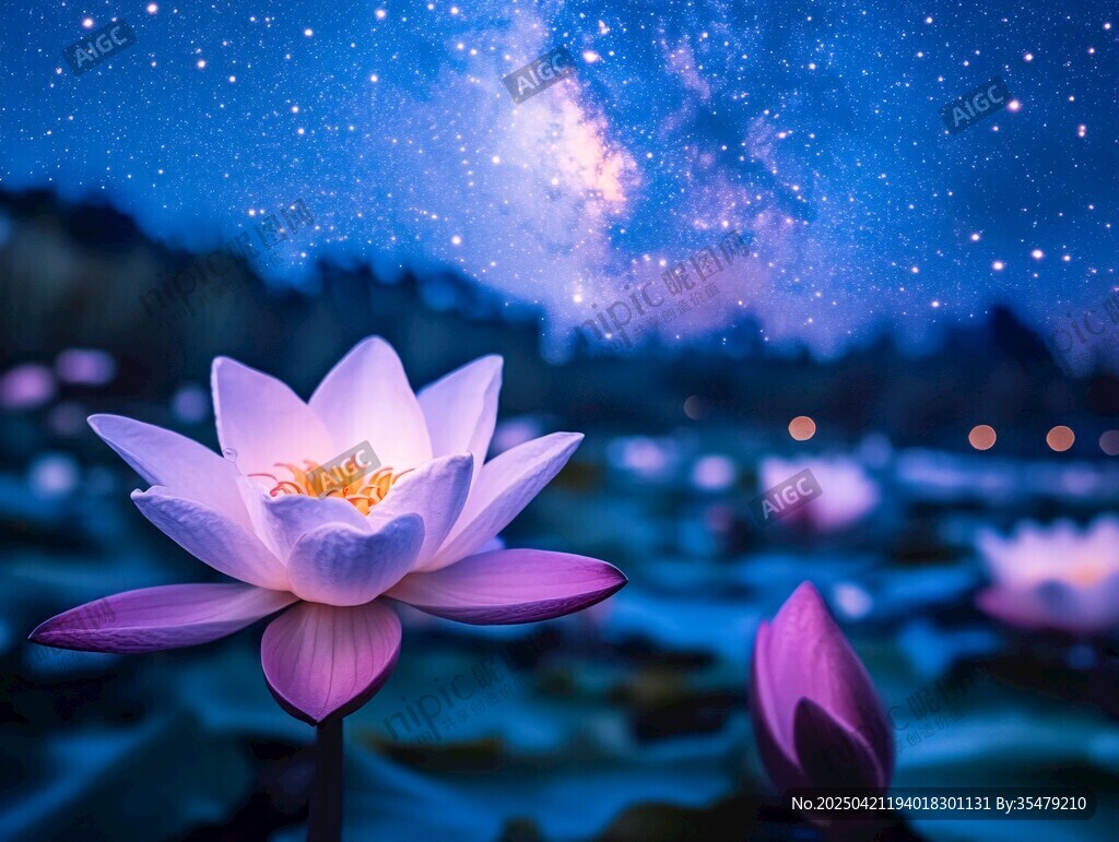 星夜下的夢幻蓮花綻放