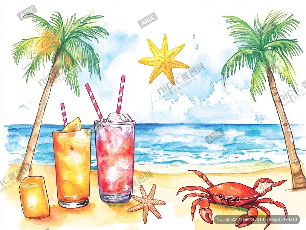 夏日海灘清涼飲品插畫