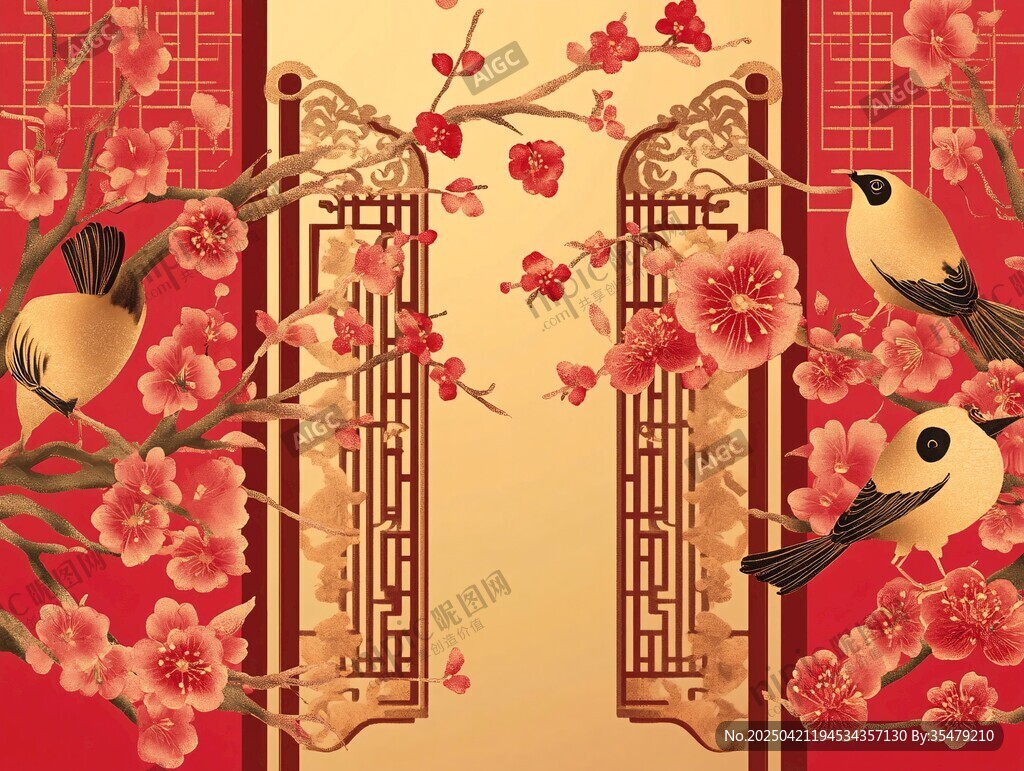 中式花鳥圖 紅梅金鳥賀春