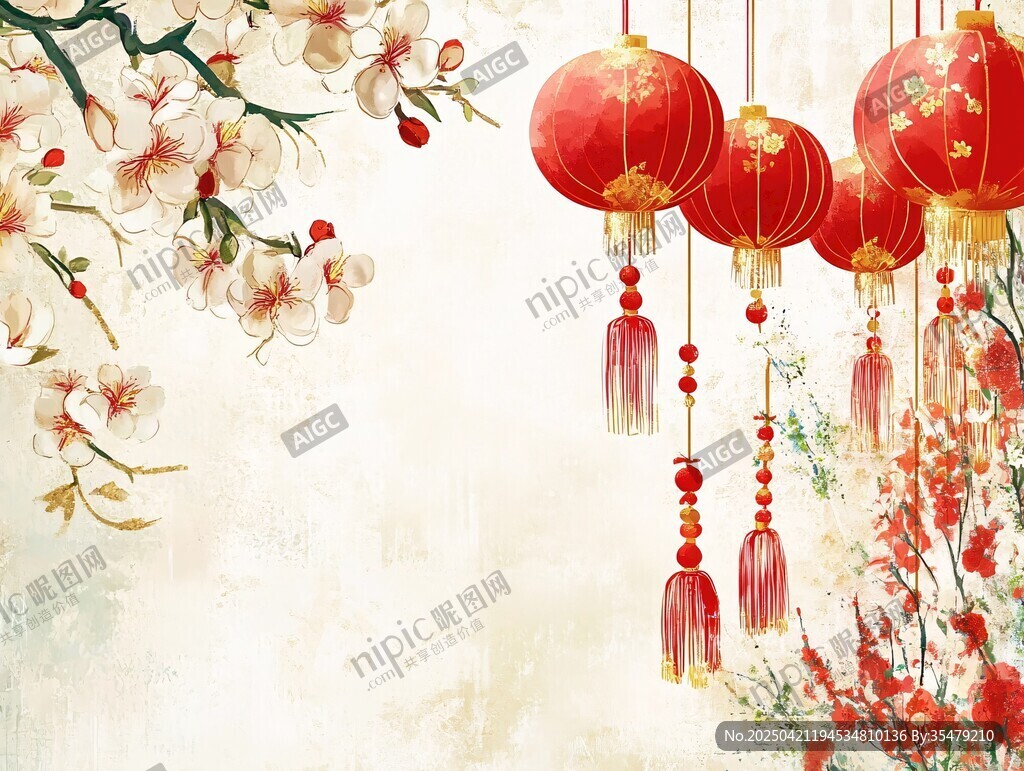 新春繁花紅燈喜慶圖景