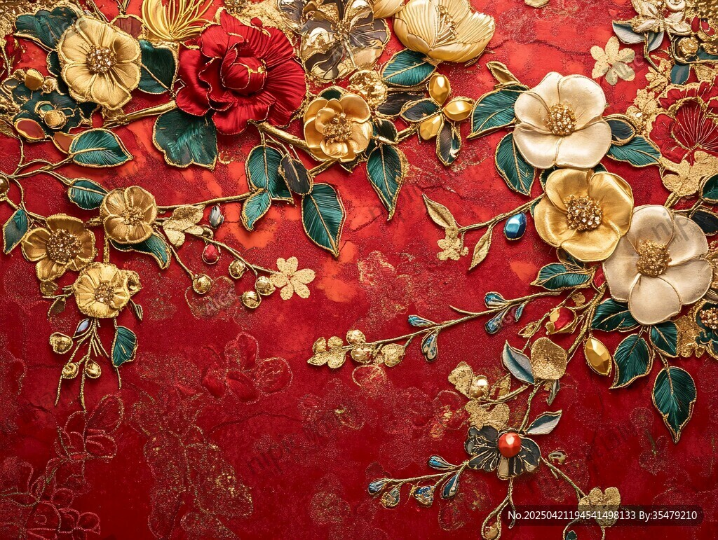 中式刺繡紅底花卉精美圖案
