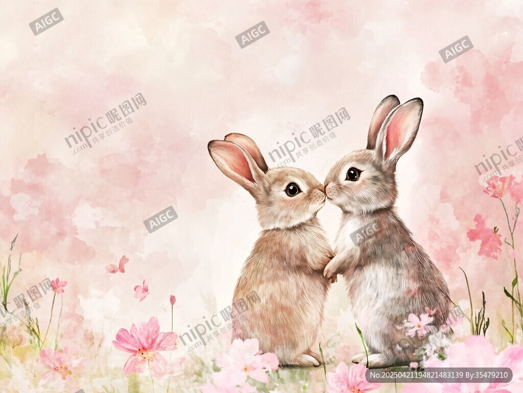 親吻的小兔與爛漫花叢