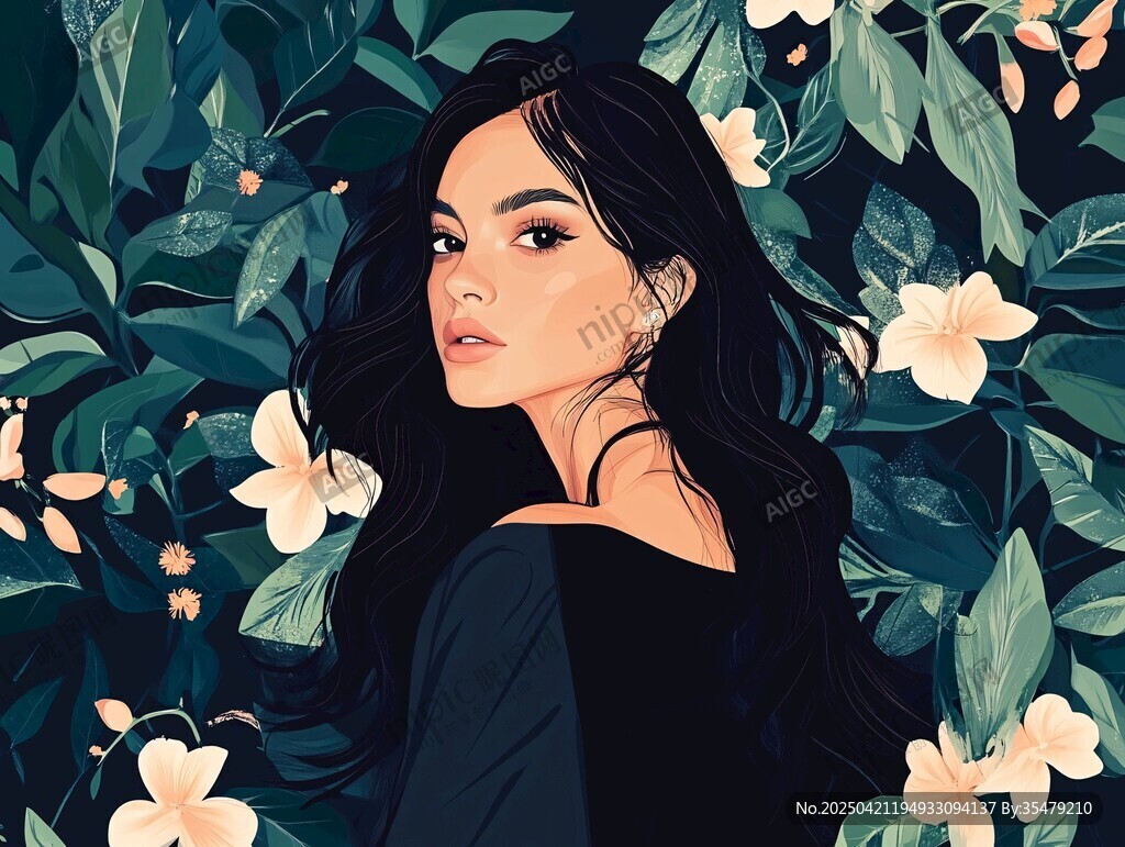 花叢中的黑衣女子