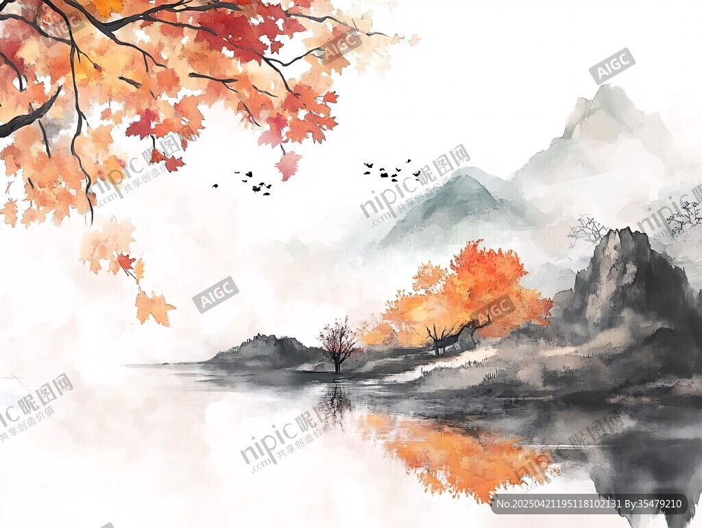 秋景山水水墨圖
