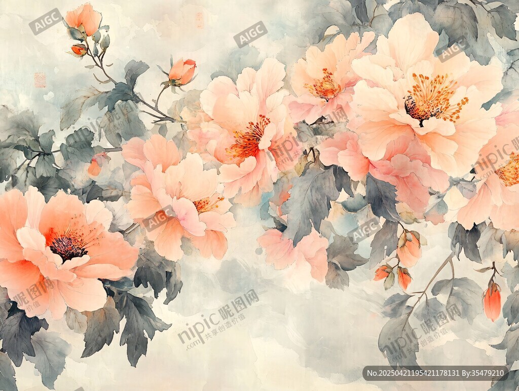 水墨風粉色花卉唯美畫面