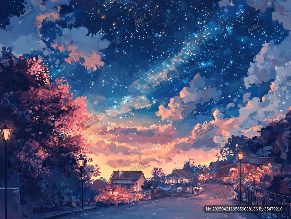 夢幻星空下的靜謐小鎮