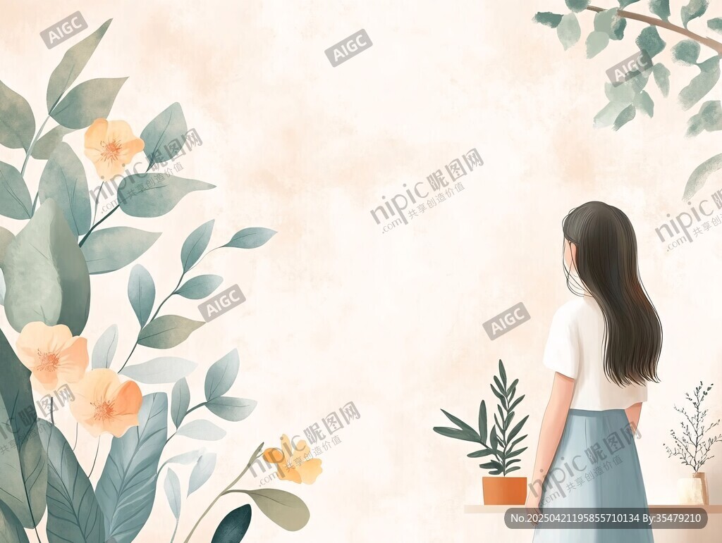 女孩置身花草間的靜謐時刻