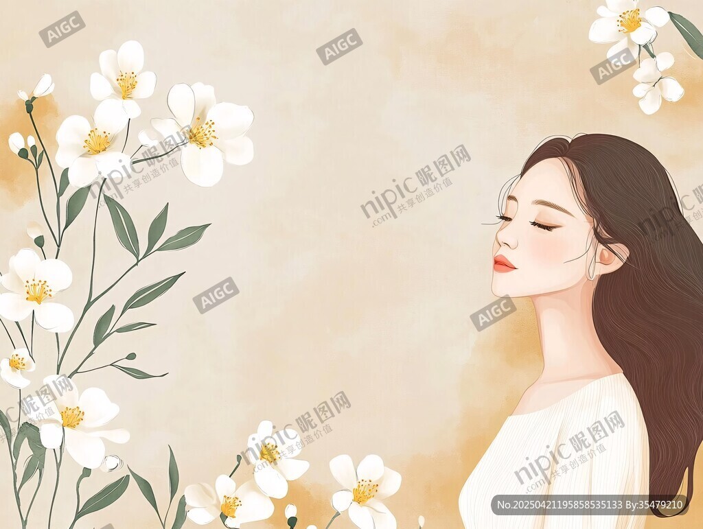 花香中的恬靜女子