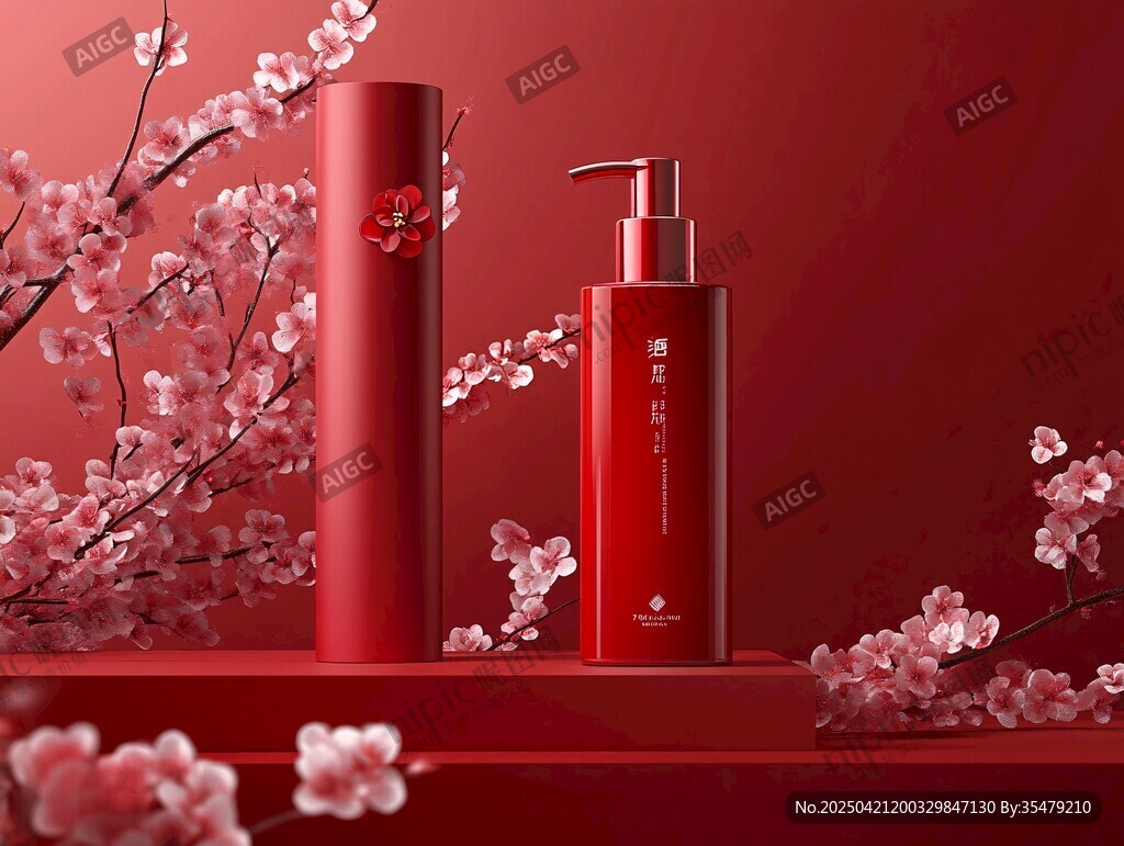 紅色系美妝瓶搭配爛漫櫻花