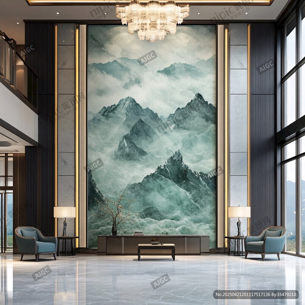 中式大廳山水壁畫裝飾