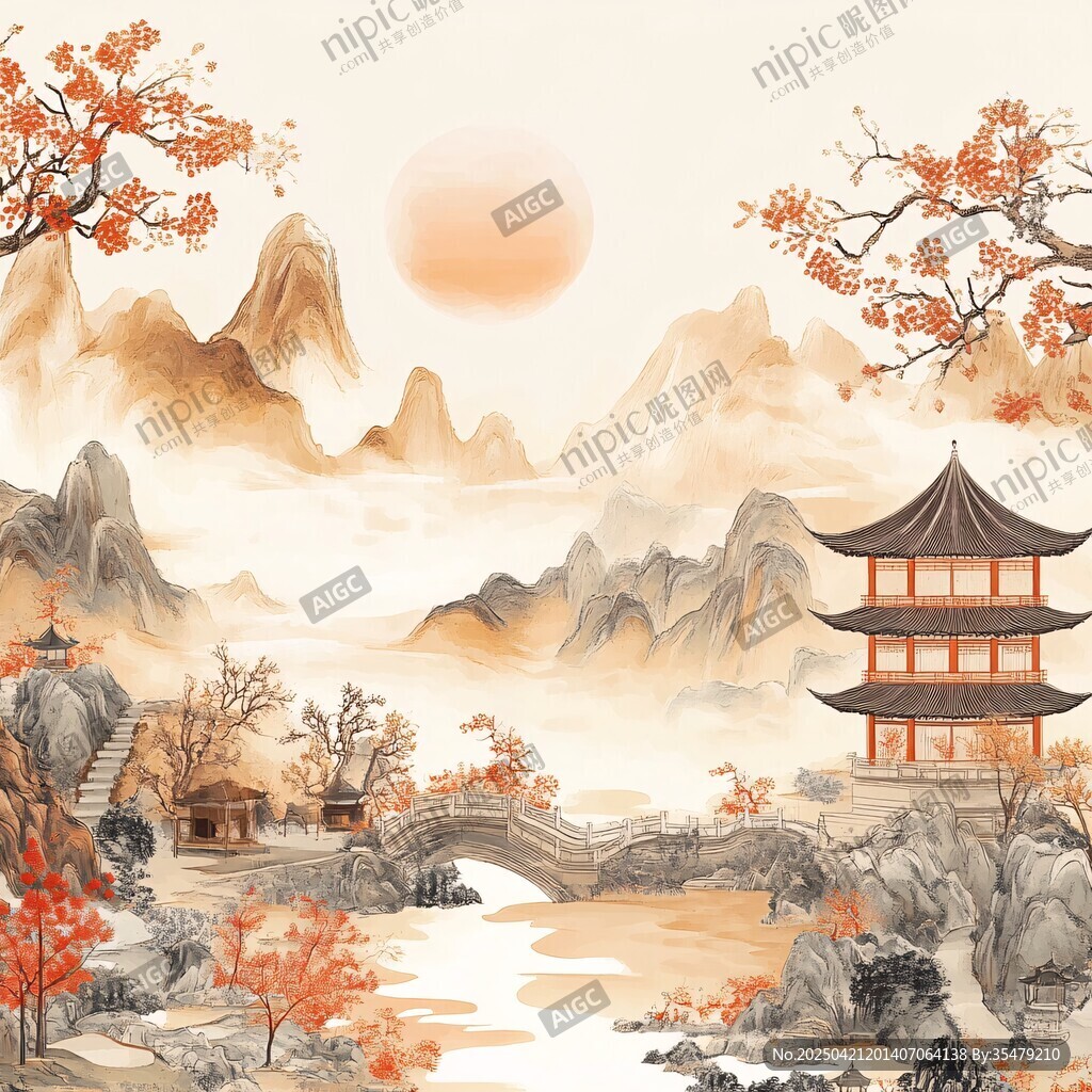 秋日山水間的古韻樓閣