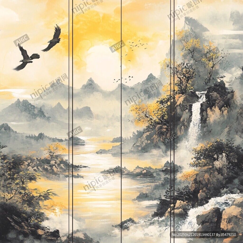 水墨山水間雙鳥展翅圖