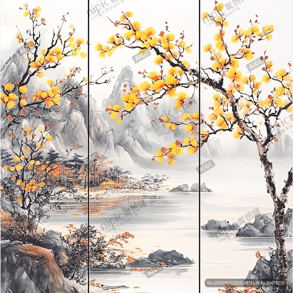 三幅山水梅花雅致畫作