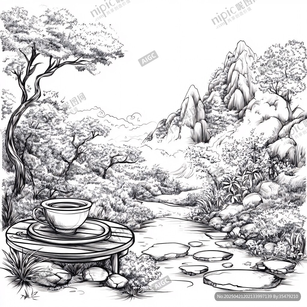 溪邊木桌置茶杯山林景
