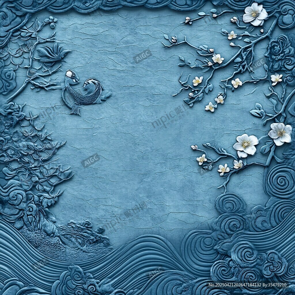 中式浮雕背景圖 花鳥魚紋