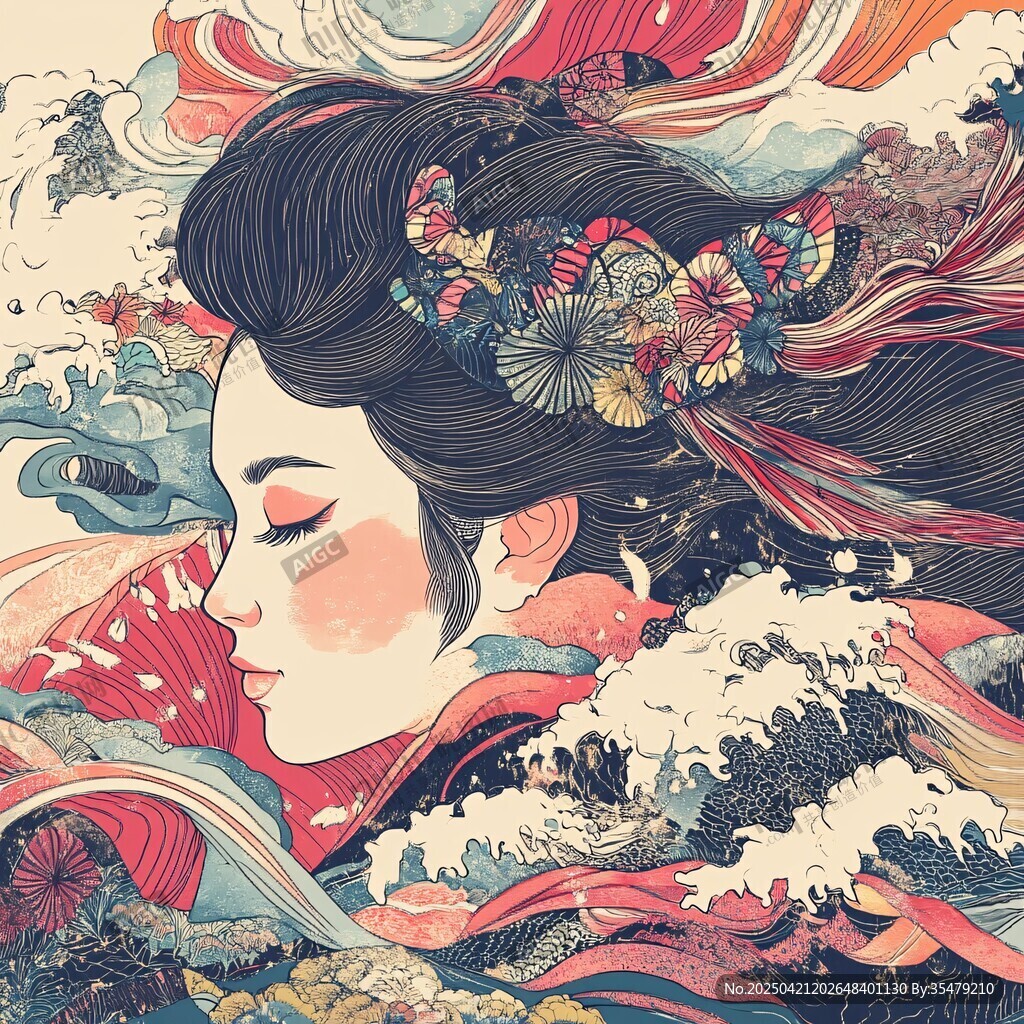 藝伎與海浪的夢幻插畫