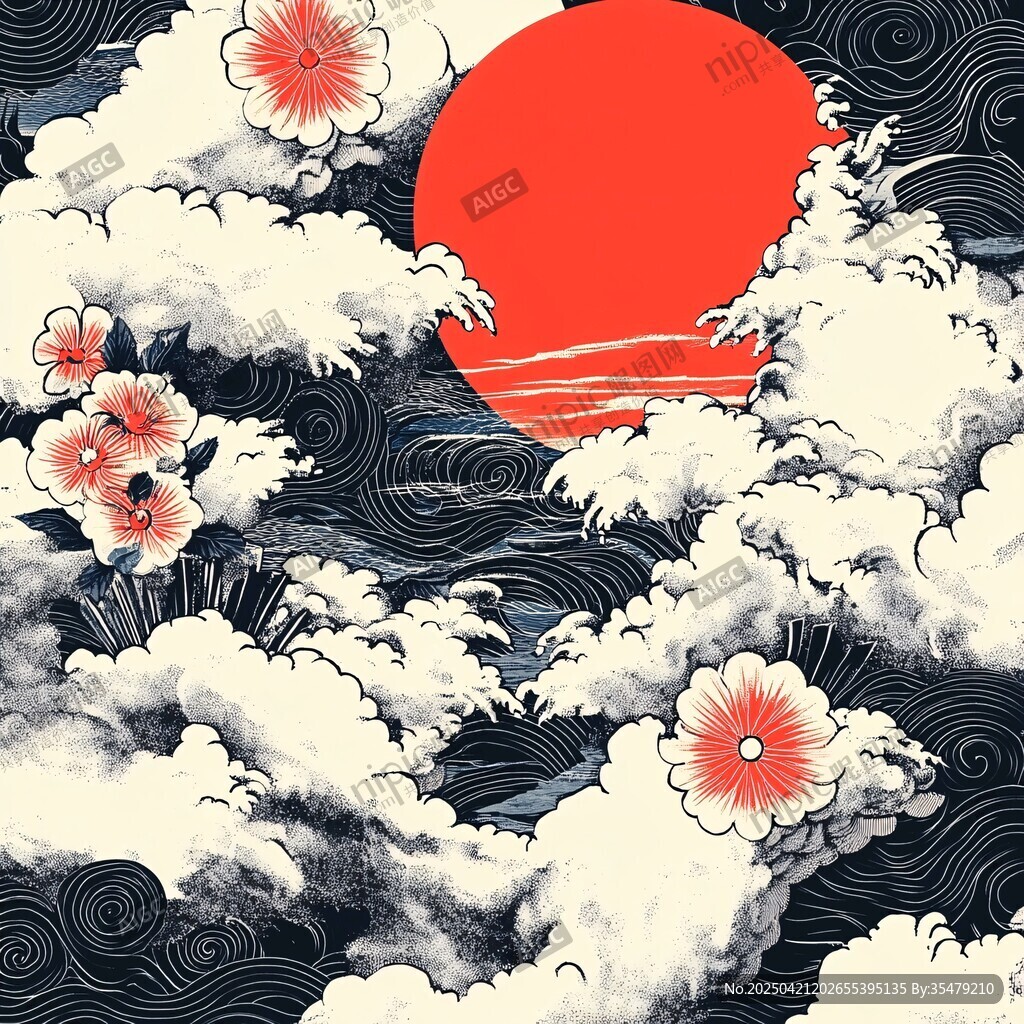 紅日云海繁花日式風情畫