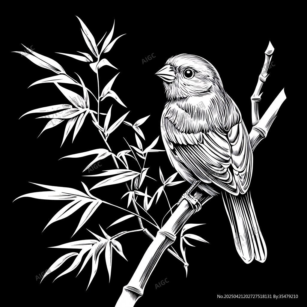 竹枝上的鳥兒黑白插畫