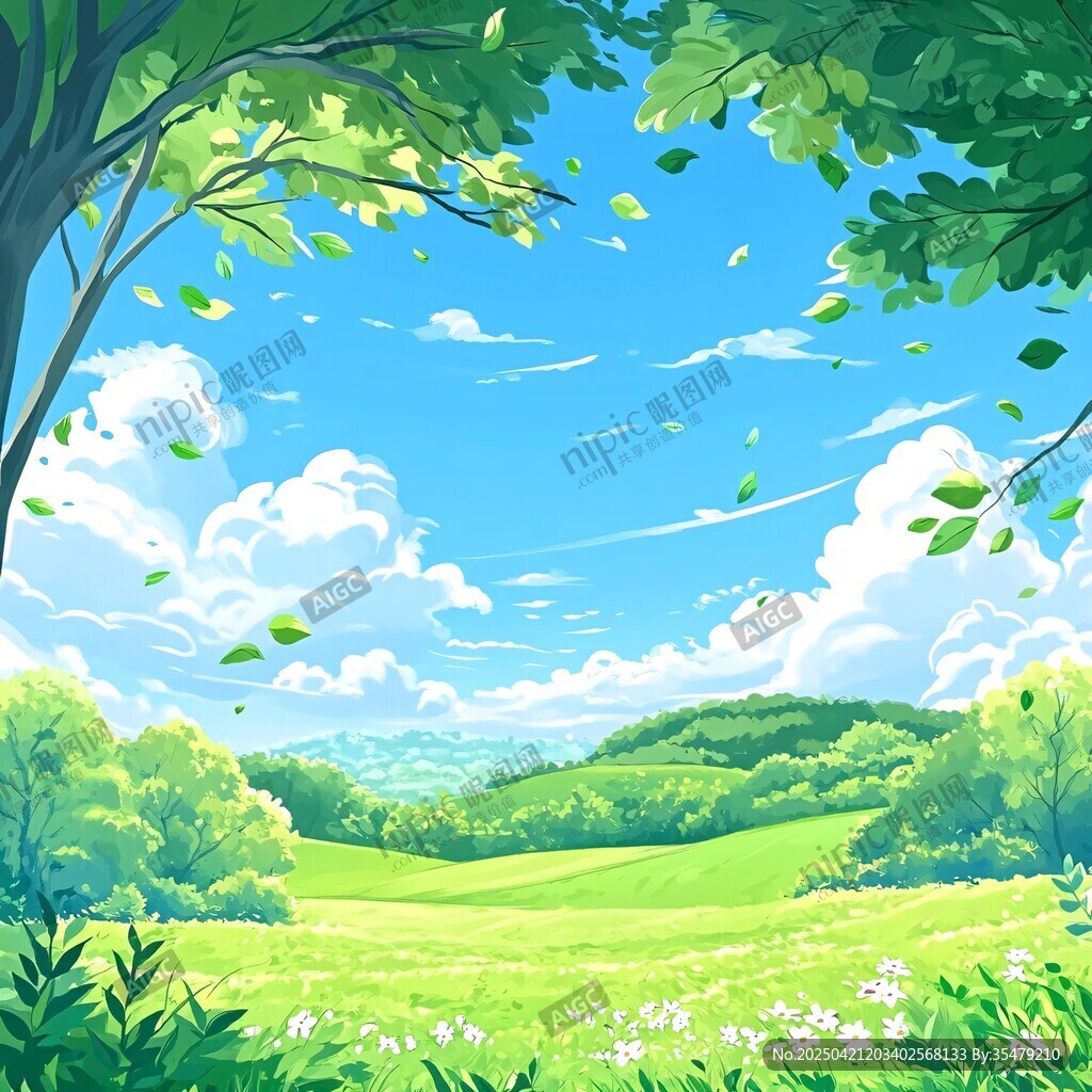 夏日綠野風(fēng)景插畫