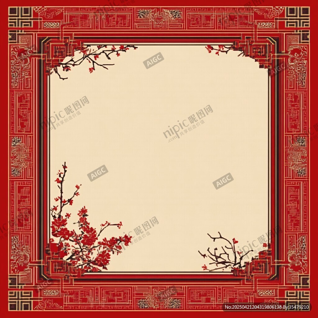 中式紅底梅花邊框背景圖