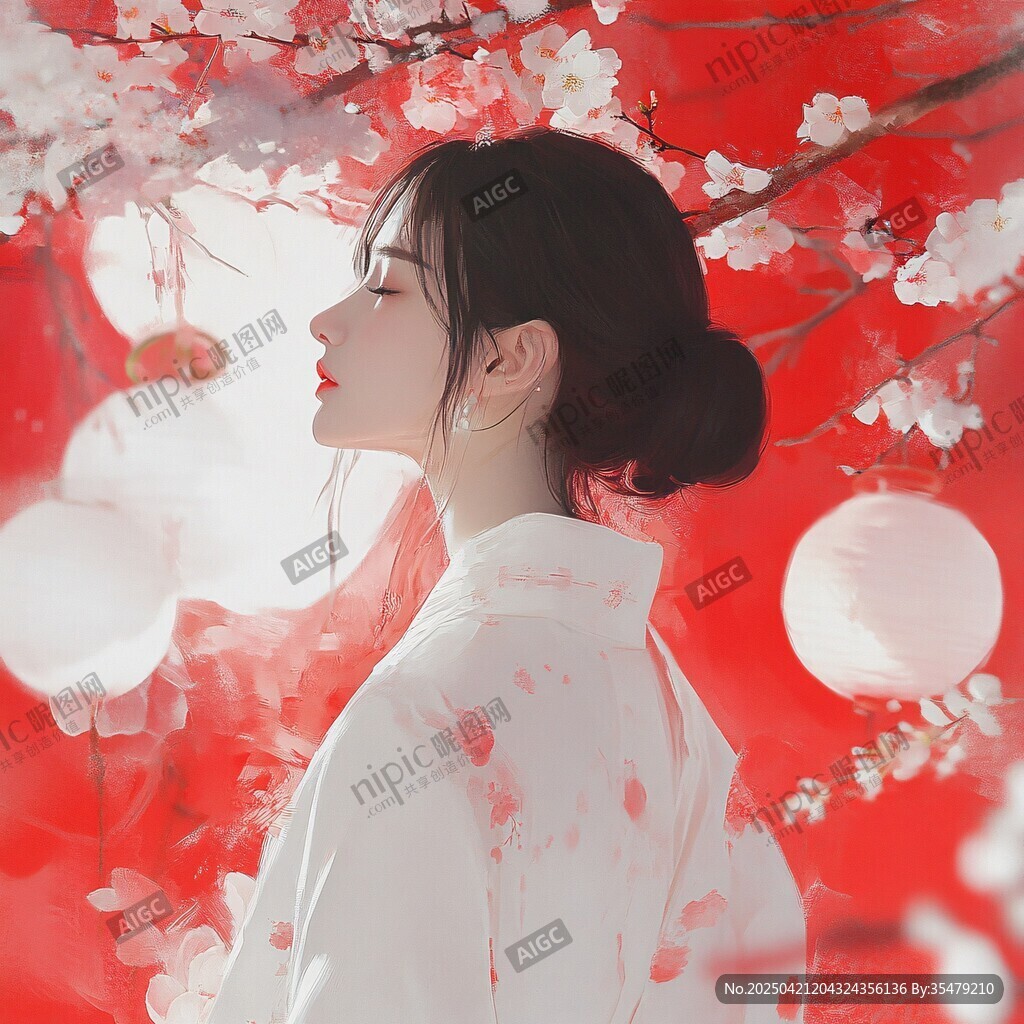 紅衣少女賞櫻圖