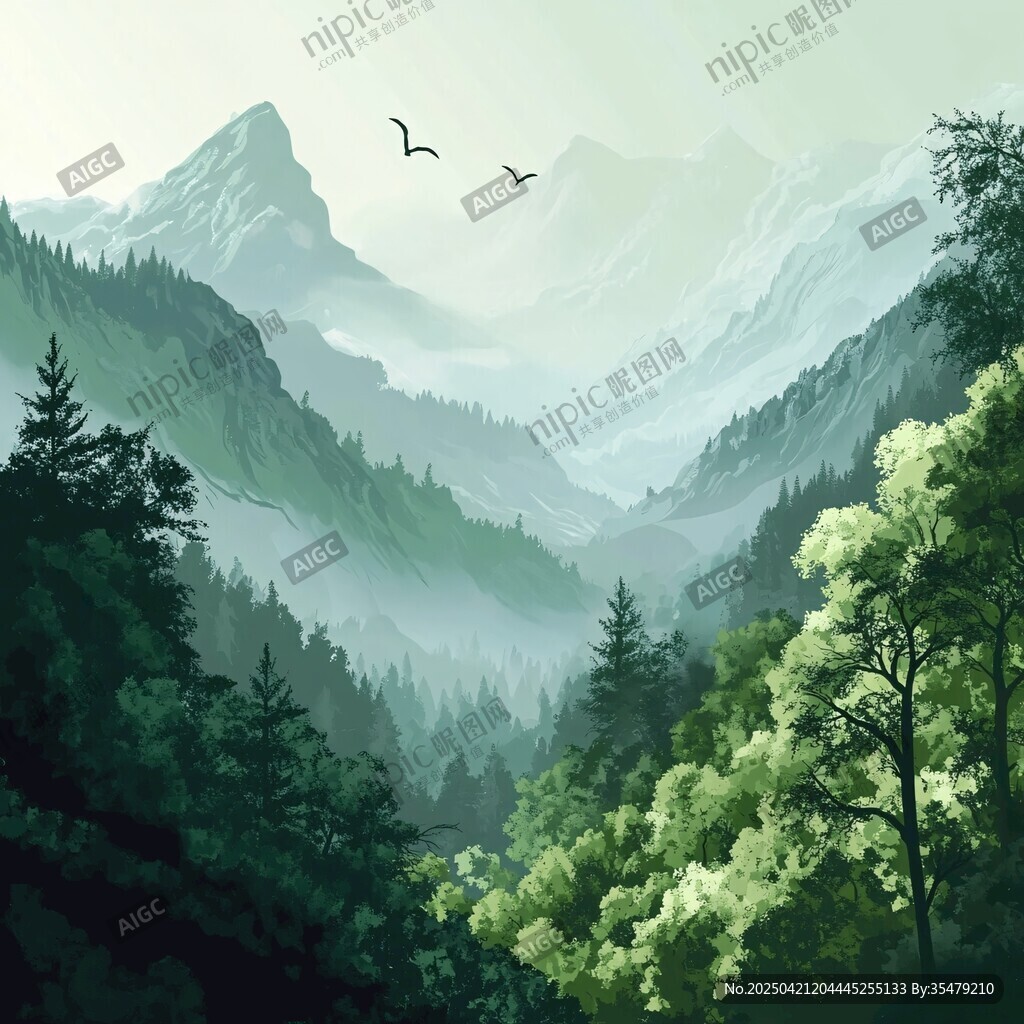 山間晨景 飛鳥繞翠谷