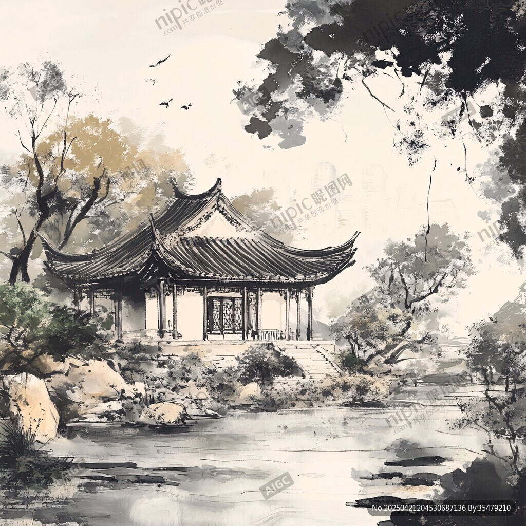 水墨中式園林亭景圖