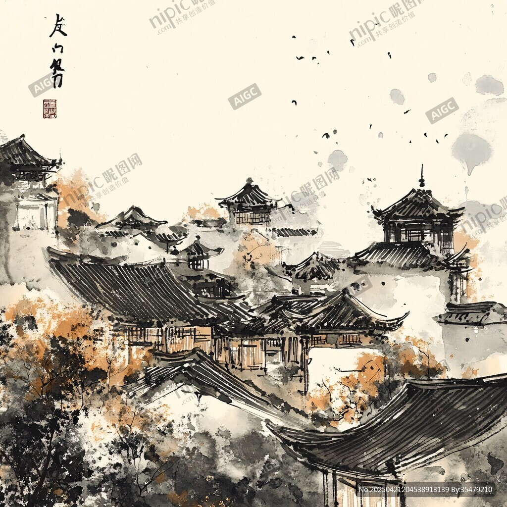水墨古風建筑景觀圖