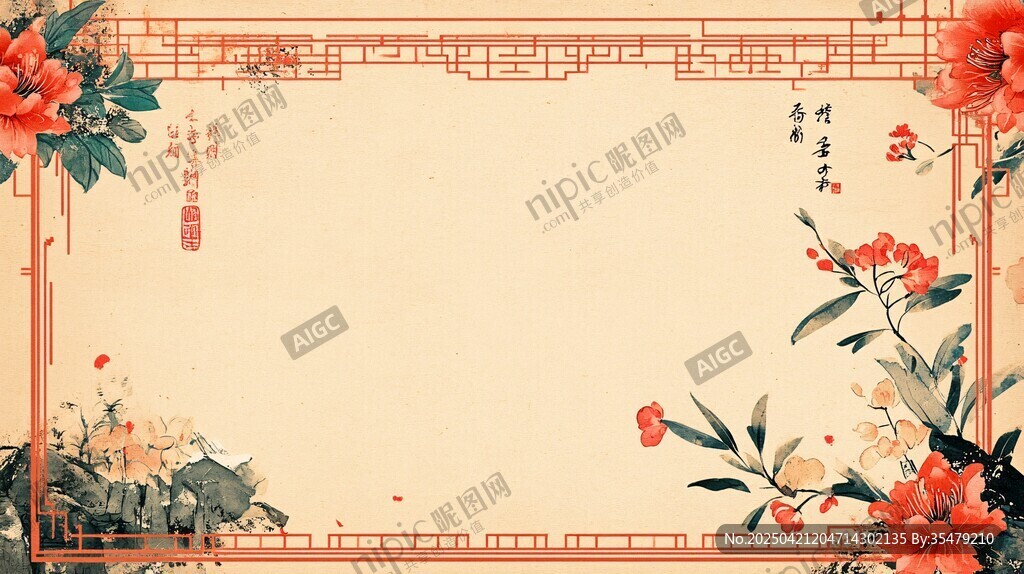 中式花卉邊框古風背景圖