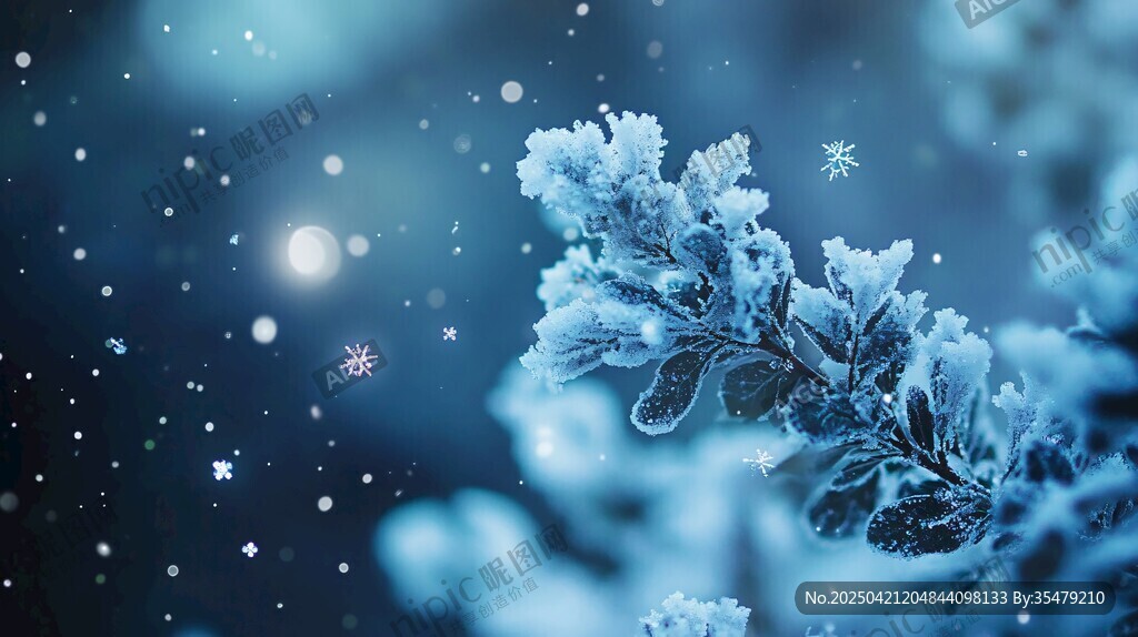 冬日霜枝 夢幻雪花飄落