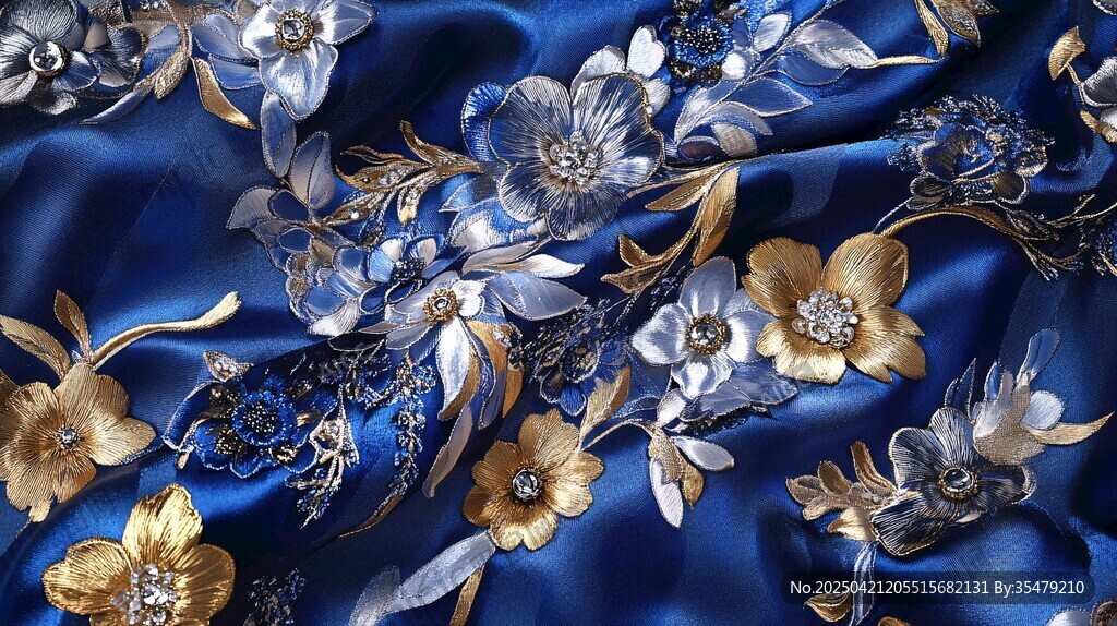 藍底刺繡綢緞 精美花卉圖案