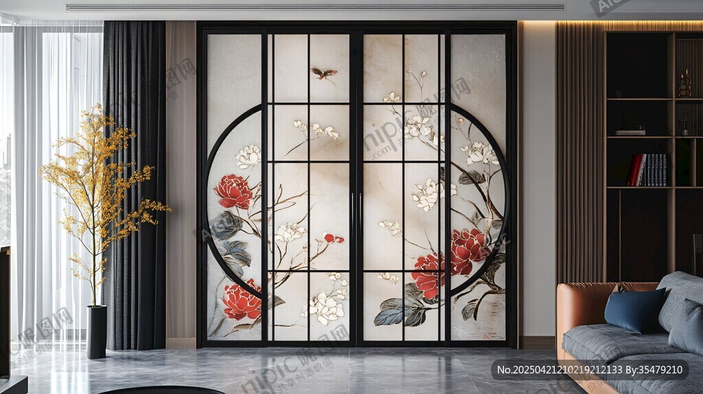 中式花鳥屏風裝點客廳空間