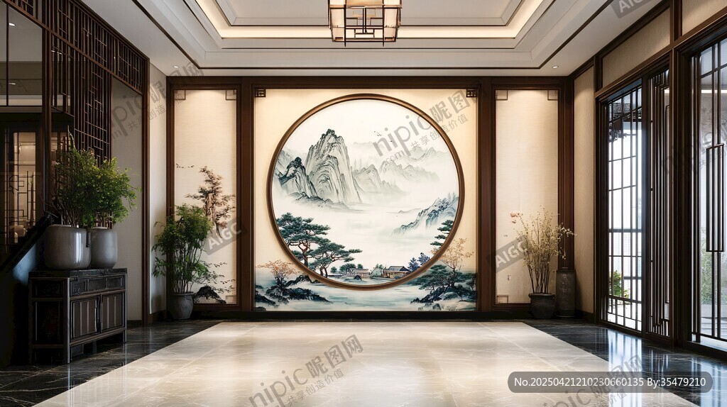 中式玄關(guān) 雅致山水壁畫空間