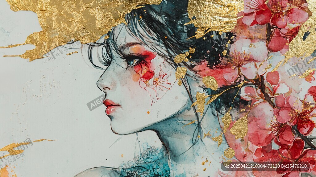 水墨金箔繪就古風花卉美人
