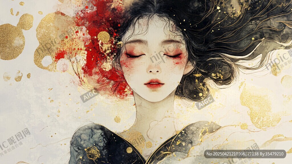水墨風閉眼的夢幻古風女子