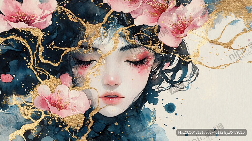 夢(mèng)幻花飾少女水彩插畫