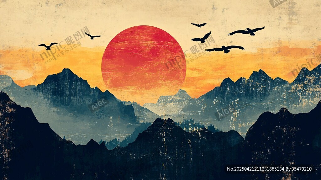 夕陽群山飛鳥壯麗景觀