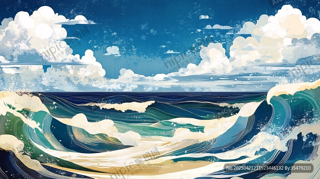 夢(mèng)幻海洋波浪與云朵圖景